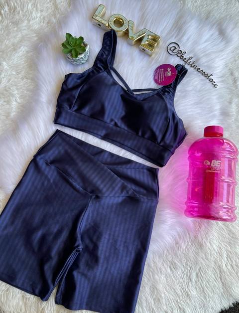 Conjunto Shorts Meia Coxa e Top Metalizado 3d Azul