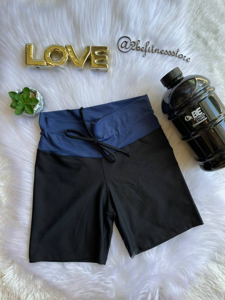 Shorts com Cordao Preto com Cos Azul Marinho